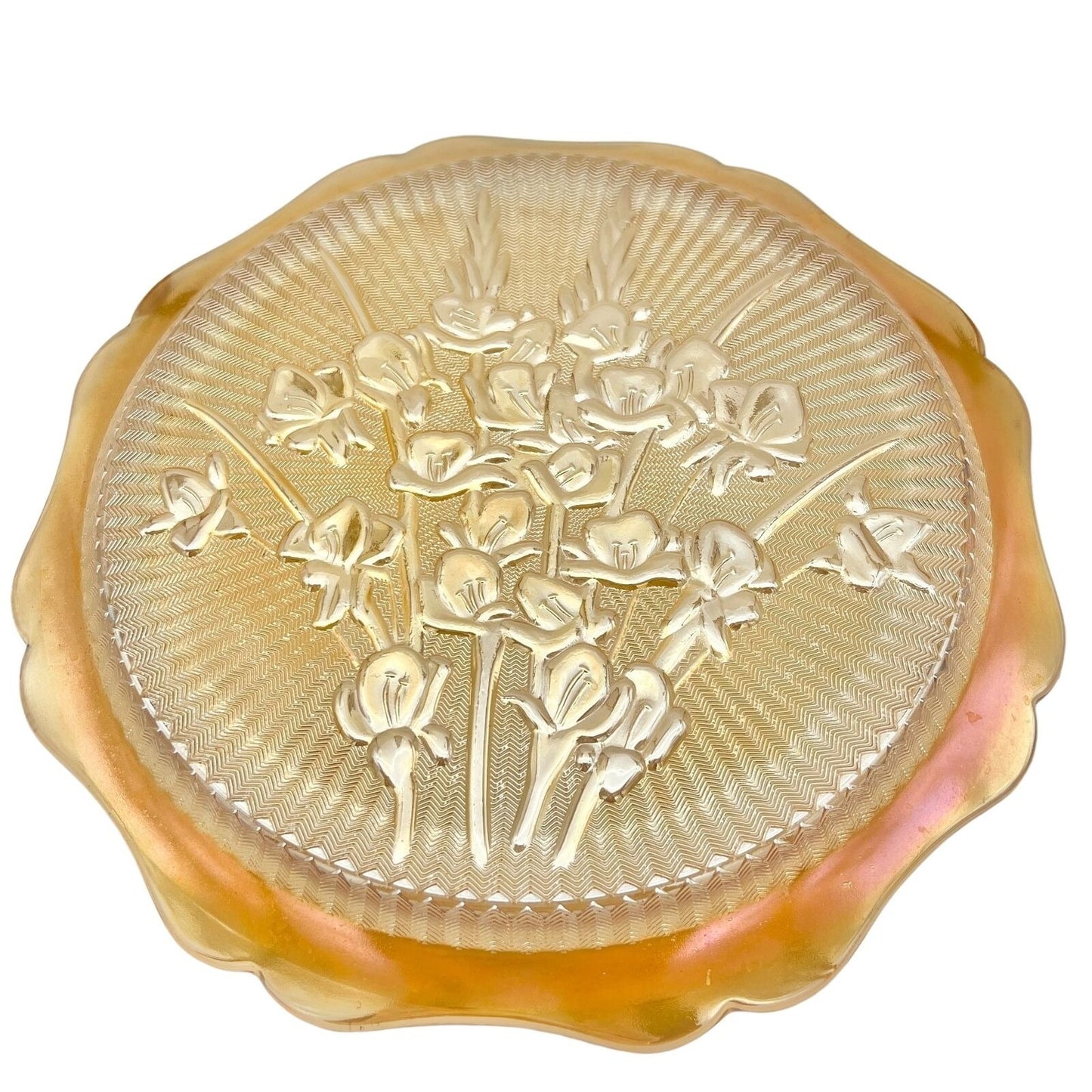 Iridescent Iris & Herringbone Marigold Platter 12 in Vintage Carnival Glass 1940s