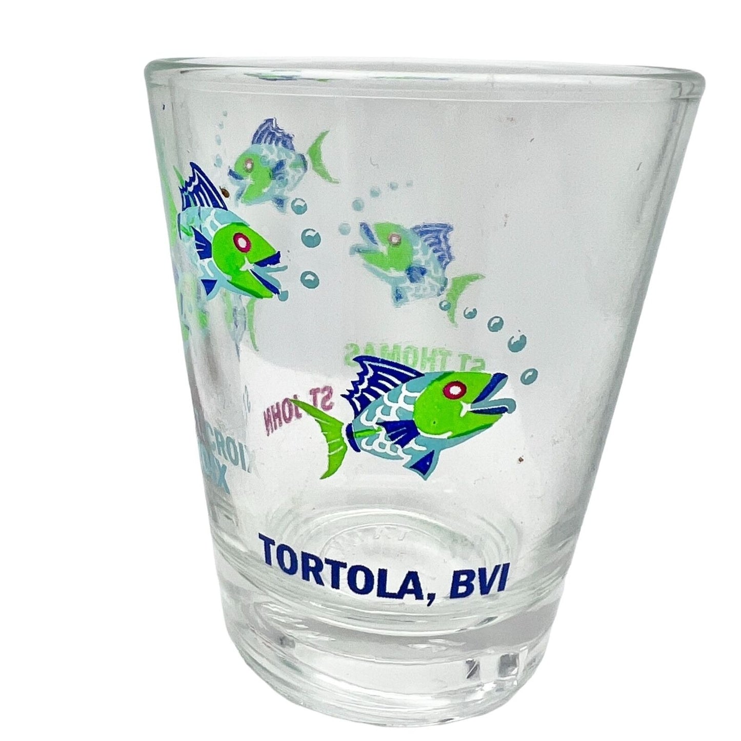 Shot Glass 2.5 x 2 Clear Blue Green Fish St Thomas John Croix Tortola BVI