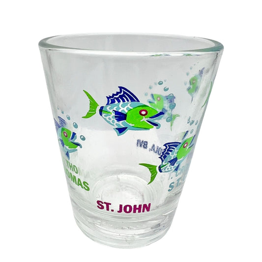 Shot Glass 2.5 x 2 Clear Blue Green Fish St Thomas John Croix Tortola BVI