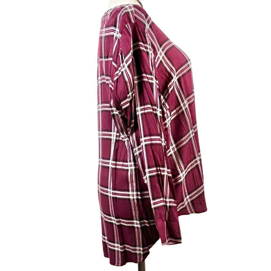 Alexander Jordan Top Women's 2X Burgundy Plaid Feddy Henley Long Sleeve NWT