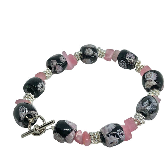 Handcrafted Beaded Bracelet Black Floral Pink Silver Beads Unique Fun NEW