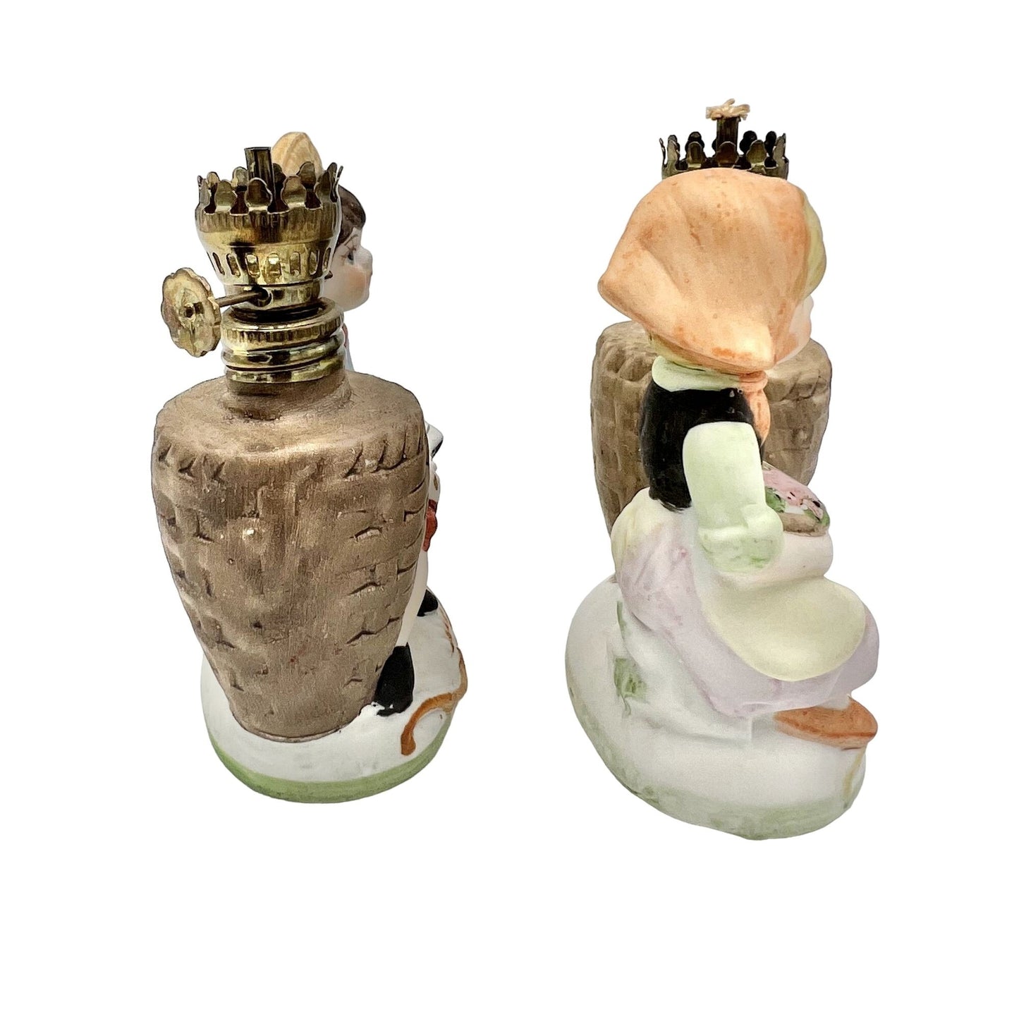 Vintage Pair Matching Ceramic Mini Oil Lamps Boy Reading Book Girl Basket