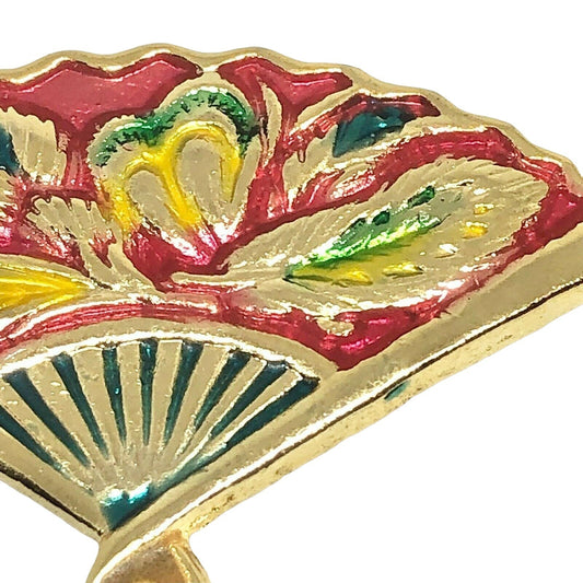 Vintage Cloisonné Gold Tone Fan Brooch Pin Red Yellow Blue Leaves Pin Back