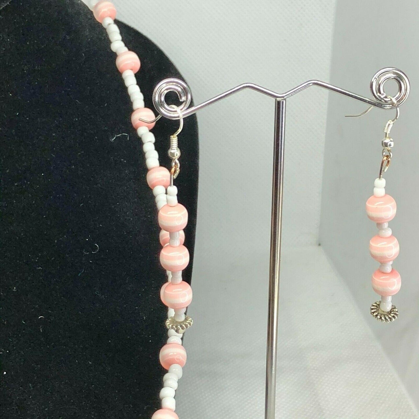 Handcrafted 3pc Jewelry Set Light Pink Beads Necklace Earrings Bracelet NEW