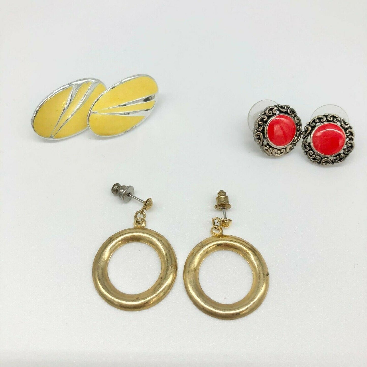 Set of 3 Colorful Postback Earrings Red Yellow Gold Tone