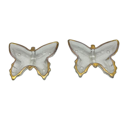 Set of 2 Vintage Butterfly Trinket Dishes 4.5 x 4 Clear Glass Gold Trim