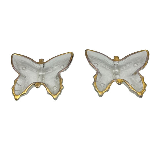Set of 2 Vintage Butterfly Trinket Dishes 4.5 x 4 Clear Glass Gold Trim