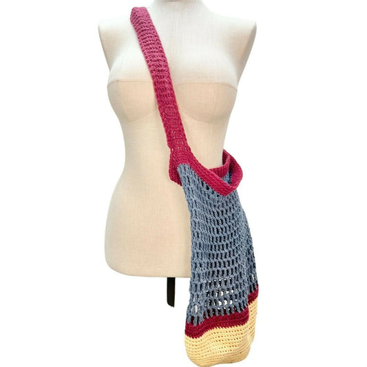 Handmade Crocheted Crossbody Large Market Bag Gray Burgundy