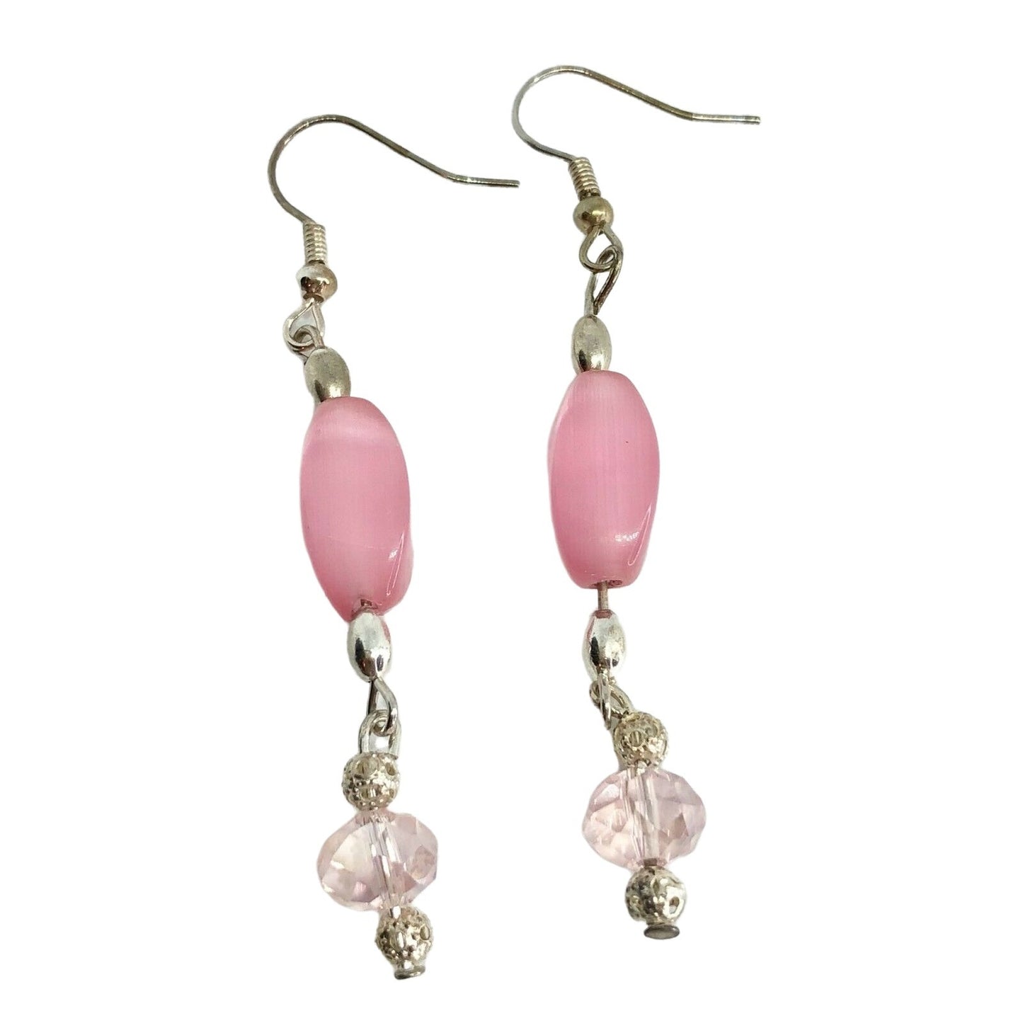 Handcrafted Earrings Pink Glass and Silver Metal Beads Delicate Spring NEW