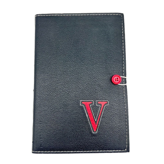 Journal 9x6 Black V Initial Button Closure Refillable Red Accents