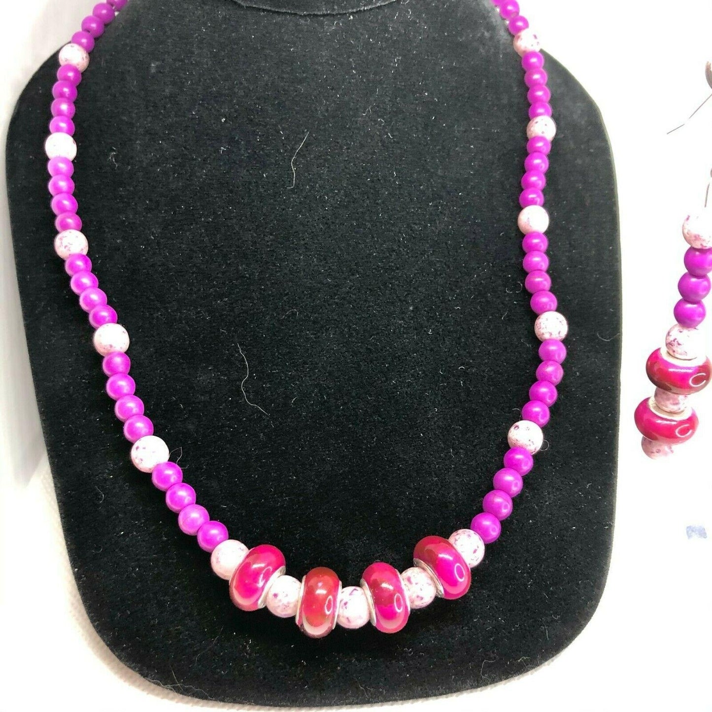 Handcrafted 2pc Jewelry Set Dark Pink Beads Necklace Earrings NEW