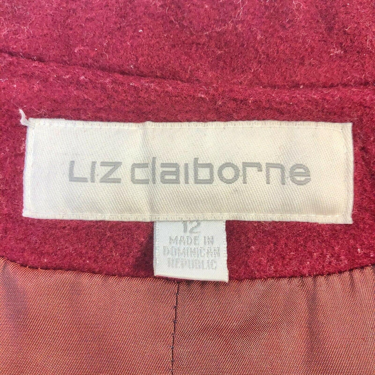 Liz Claiborne Size 12 Short Classic Maroon Wool Coat Hidden Buttons Pockets