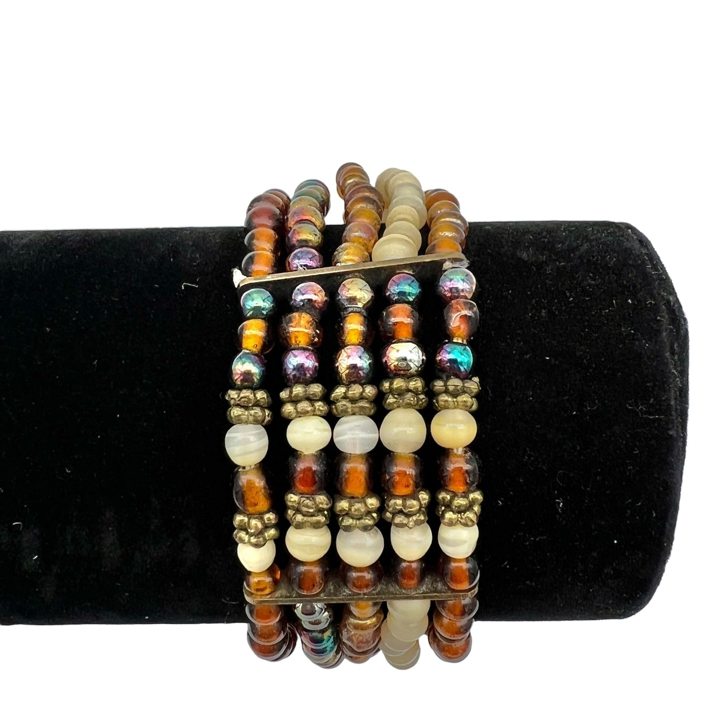 Bracelet Womens 7 x 1 Multi Strand Gold Brown Beads Stretch