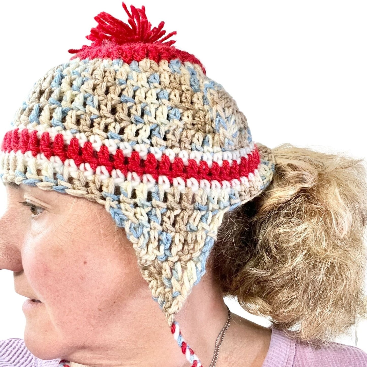 Crochet Hat Blues Browns Red with Ear Flaps and Ties and Pom Pom