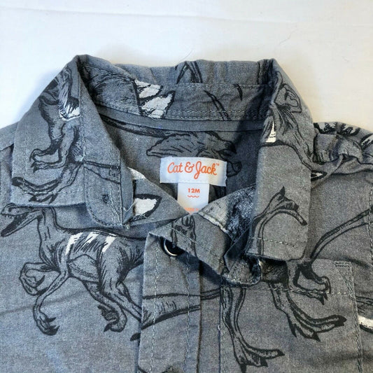 Cat & Jack 12M Dinosaur Woven Black and Gray Button Down Shirt NWT