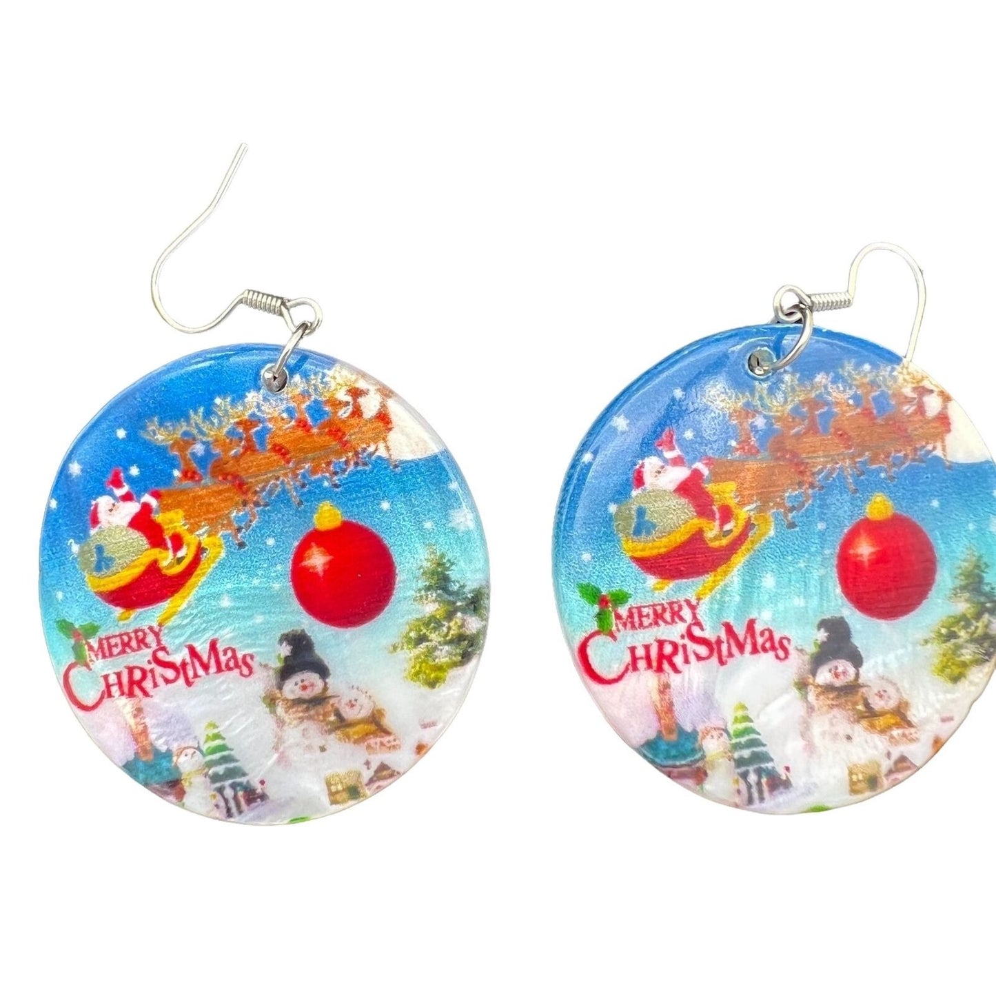 Shell Earrings Merry Christmas Santa in Sleigh Snowmen