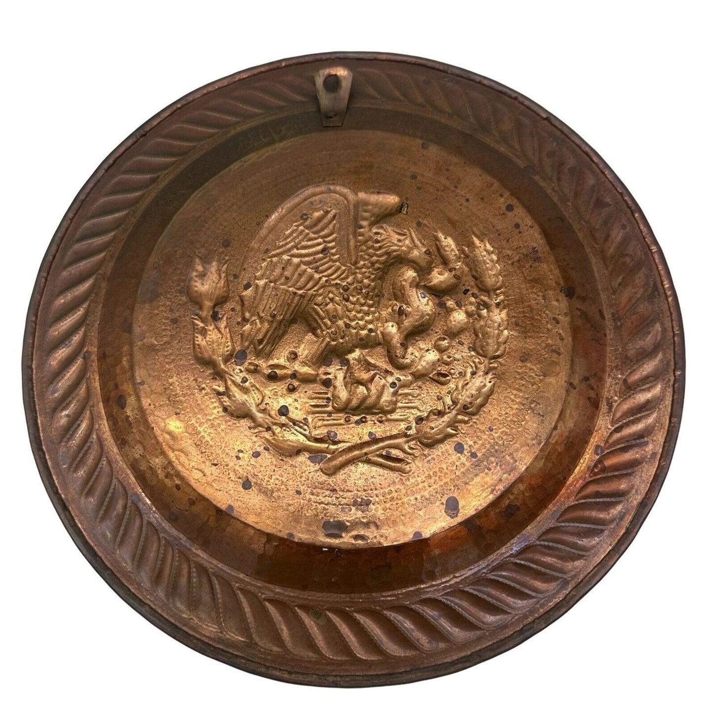 Vintage Display Plate 12 in Copper Raised Eagle Fighting Serpent Hanger on Back