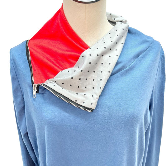 Misslook Womens XL Blue LS Pullover Shirt with Red Gray Trim at Neck and Sleeve