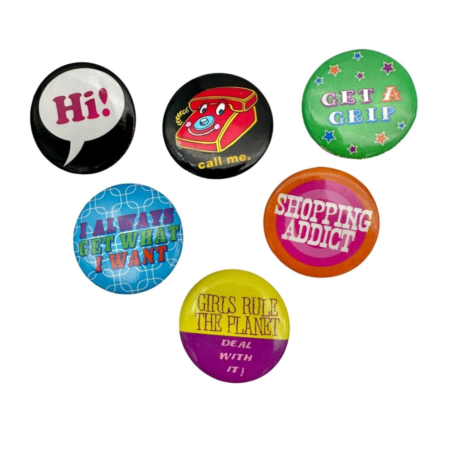 Set of 6 Metal Buttons Pins Retro Designs 80’s Fun Throwback