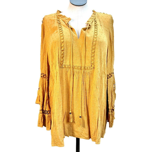 Pale Sky Peasant Top 3X Mustard 3/4 Sleeve String Tie Vneck 28 Inch Long NWT