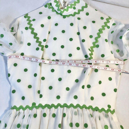 Vintage 1960s White w/ Green Polka Dots High Collar Long Sleeve Gown Bridesmaid