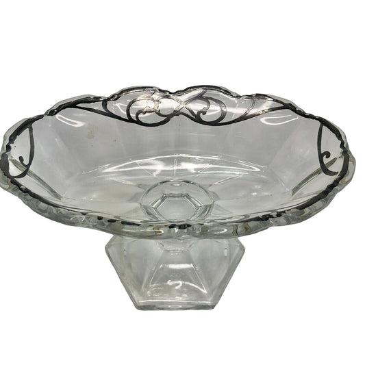 Glass with Silver Design Pedestal Candy Nut Bonbon Trinket Bowl EUC