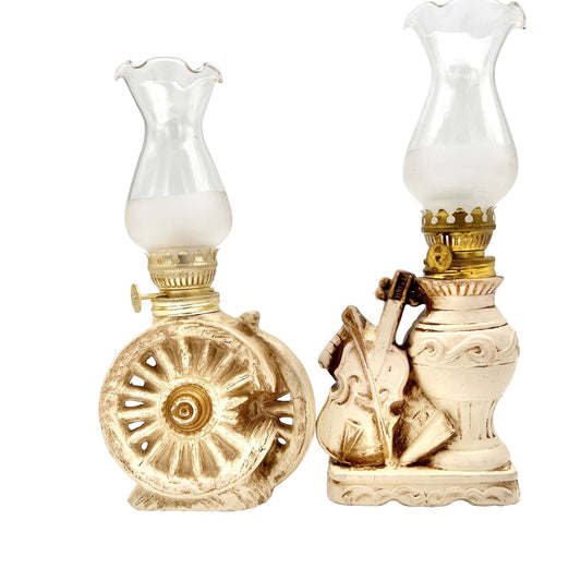 Oil Lamps Set of Two 9 x 4 Cream Beige Ceramic Wagon Wheel Vase Violin Chimneys