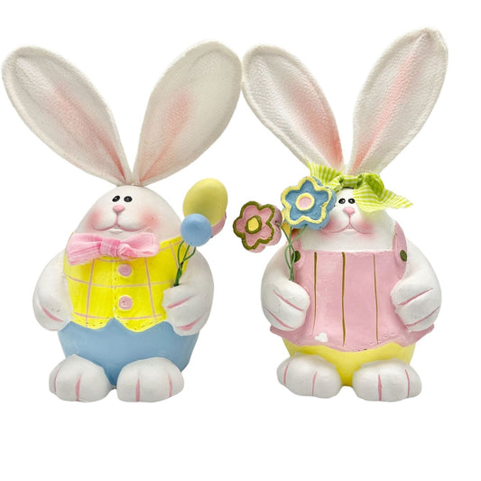 Easter Bunnies Pair of 2 Resin Adorable Couple in Pastel Colors