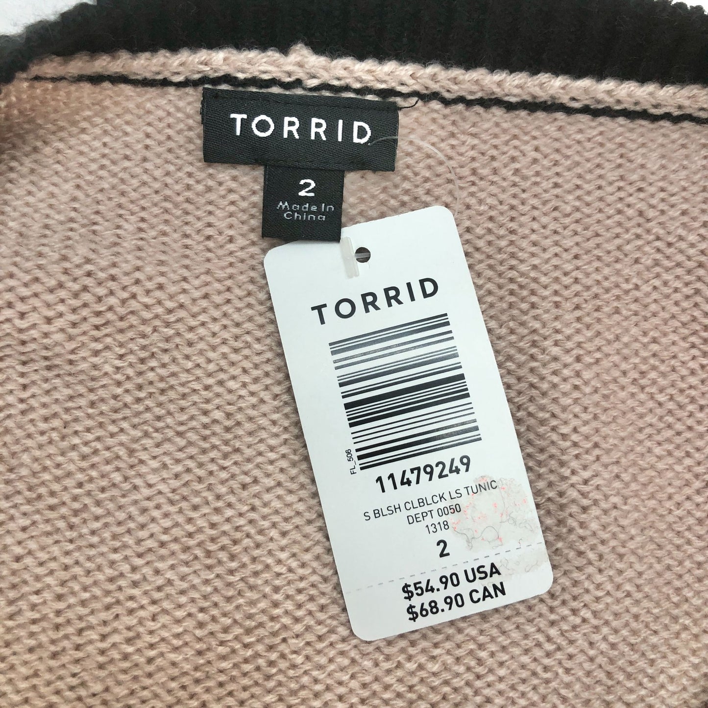 Torrid 2 Blush Colorblock HiLo Tunic Sweater with Black Trim