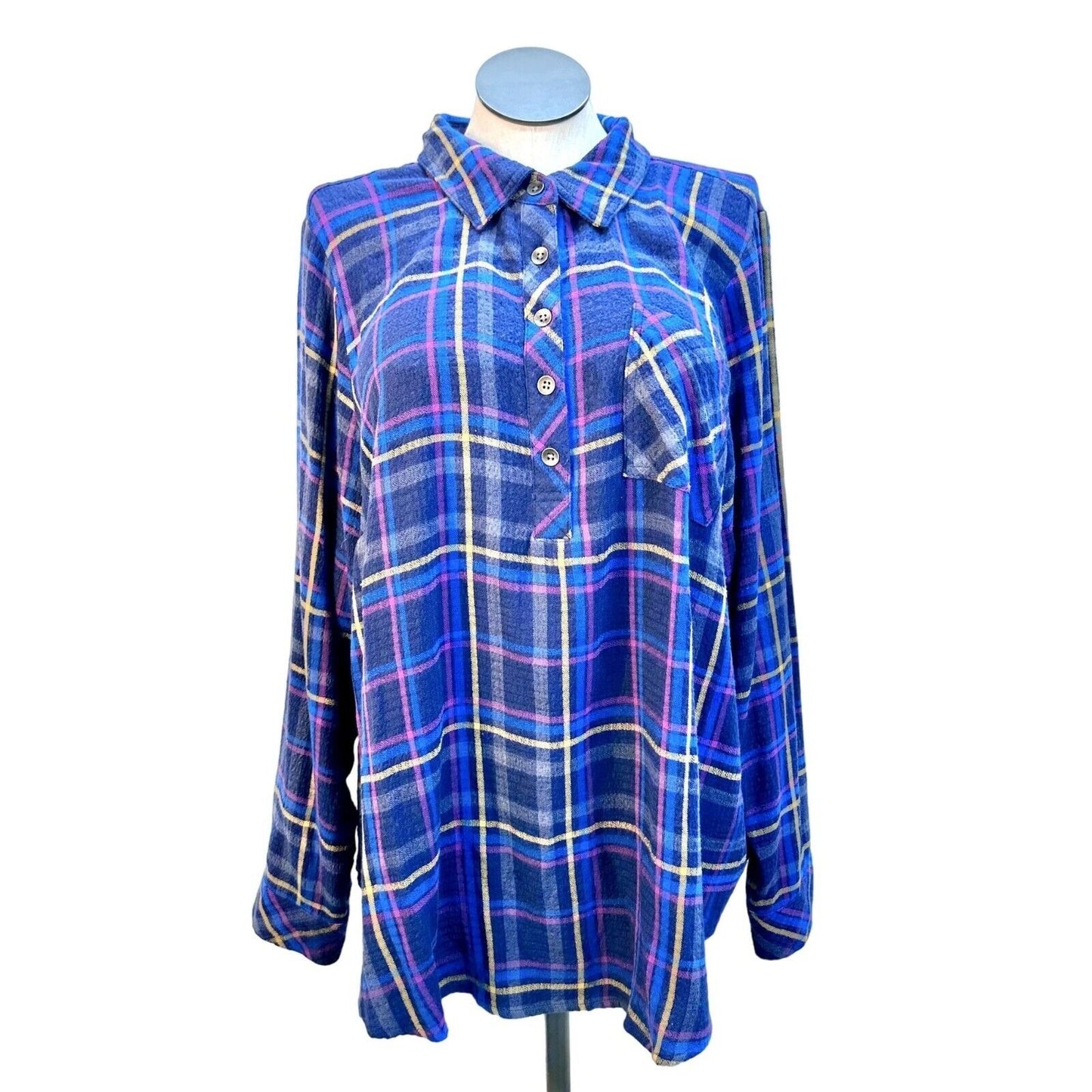 Torrid Flannel Shirt Size 3 Blue Purple Yellow Plaid Buttons Front Back LS NWOT