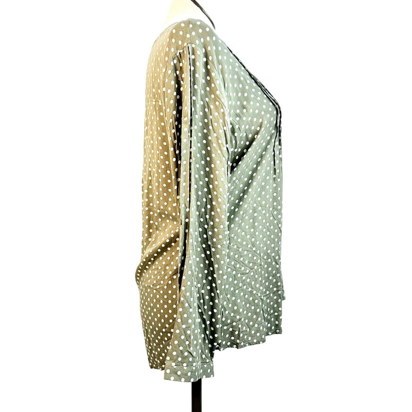 Suzanne Betro Top Women's 2X Olive White Polka Dot Roll Tab Sleeve Tie Front NWT