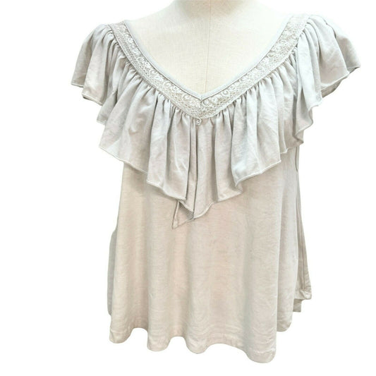 Women's Large Light Gray Sleeveless Top with Lace Neck Trim Ruffle Collar