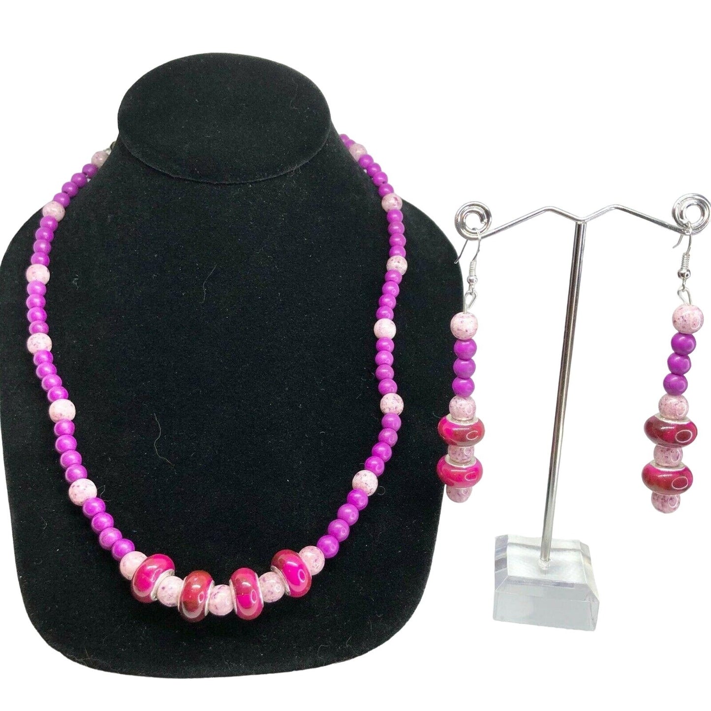 Handcrafted 2pc Jewelry Set Dark Pink Beads Necklace Earrings NEW