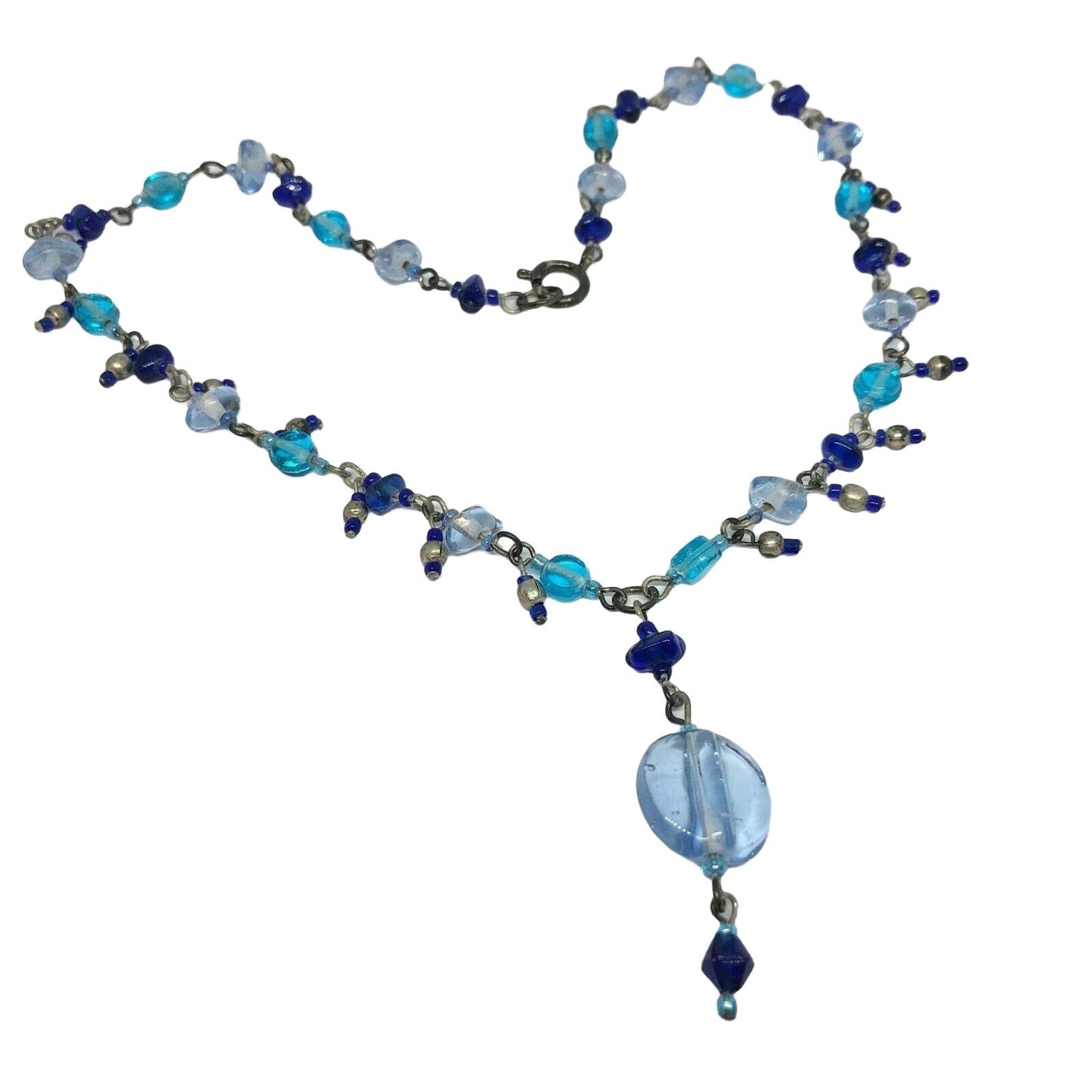 Beaded Pendant Necklace Silvertone and Blue Colorful Beautiful