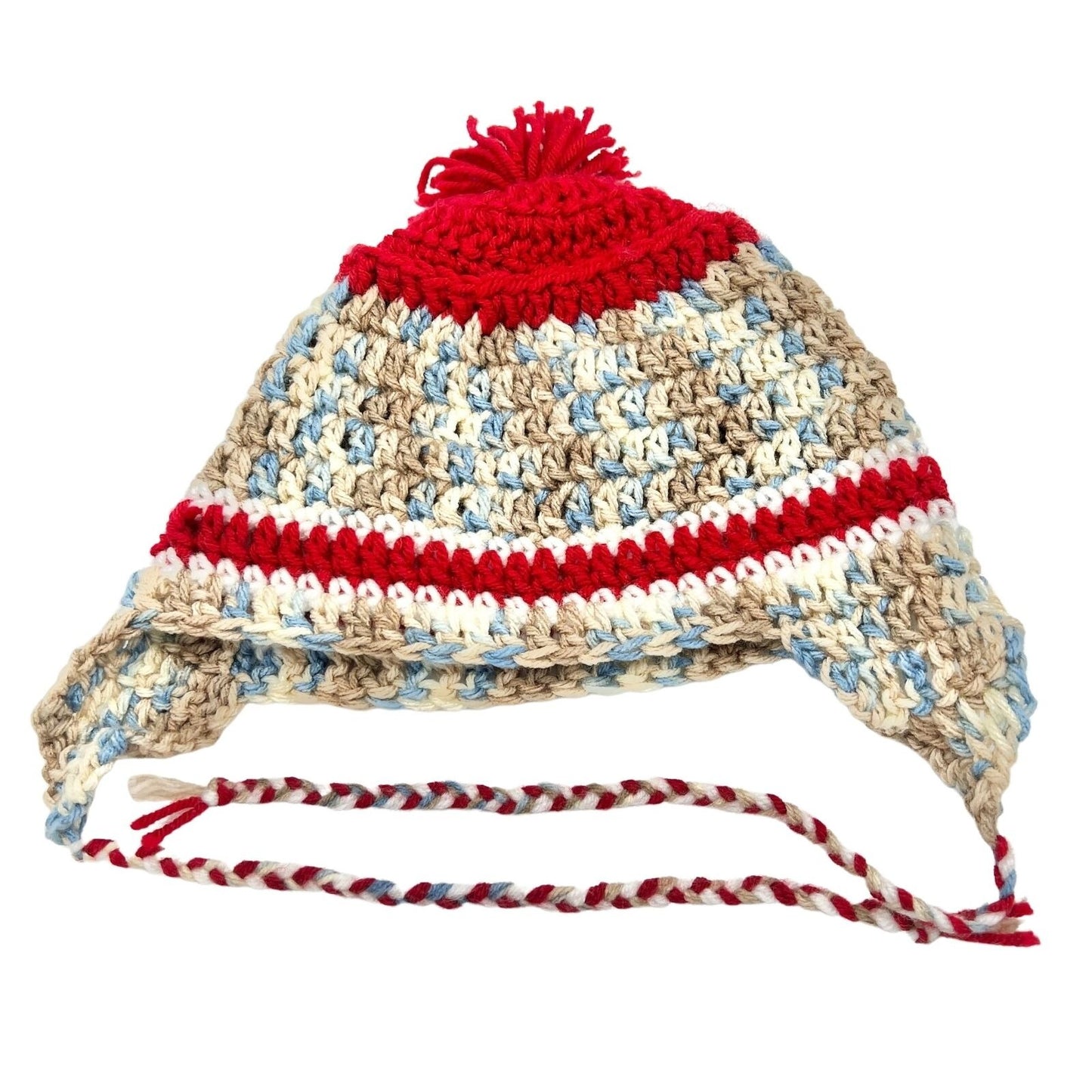 Crochet Hat Blues Browns Red with Ear Flaps and Ties and Pom Pom