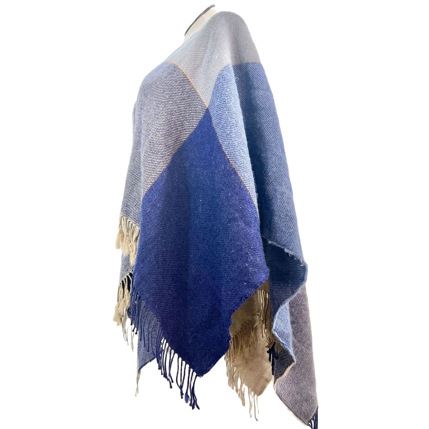 Shawl Wrap OSFA Blues Tan Open Front Fringed