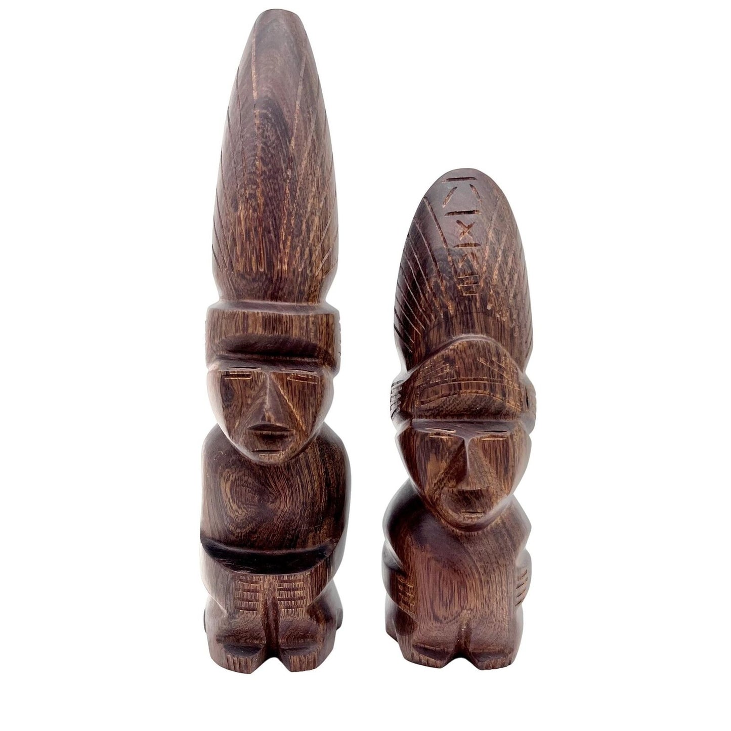 Set of 2 Wooden Statues 8 and 6 inch Tall Kneeling People with Headdress