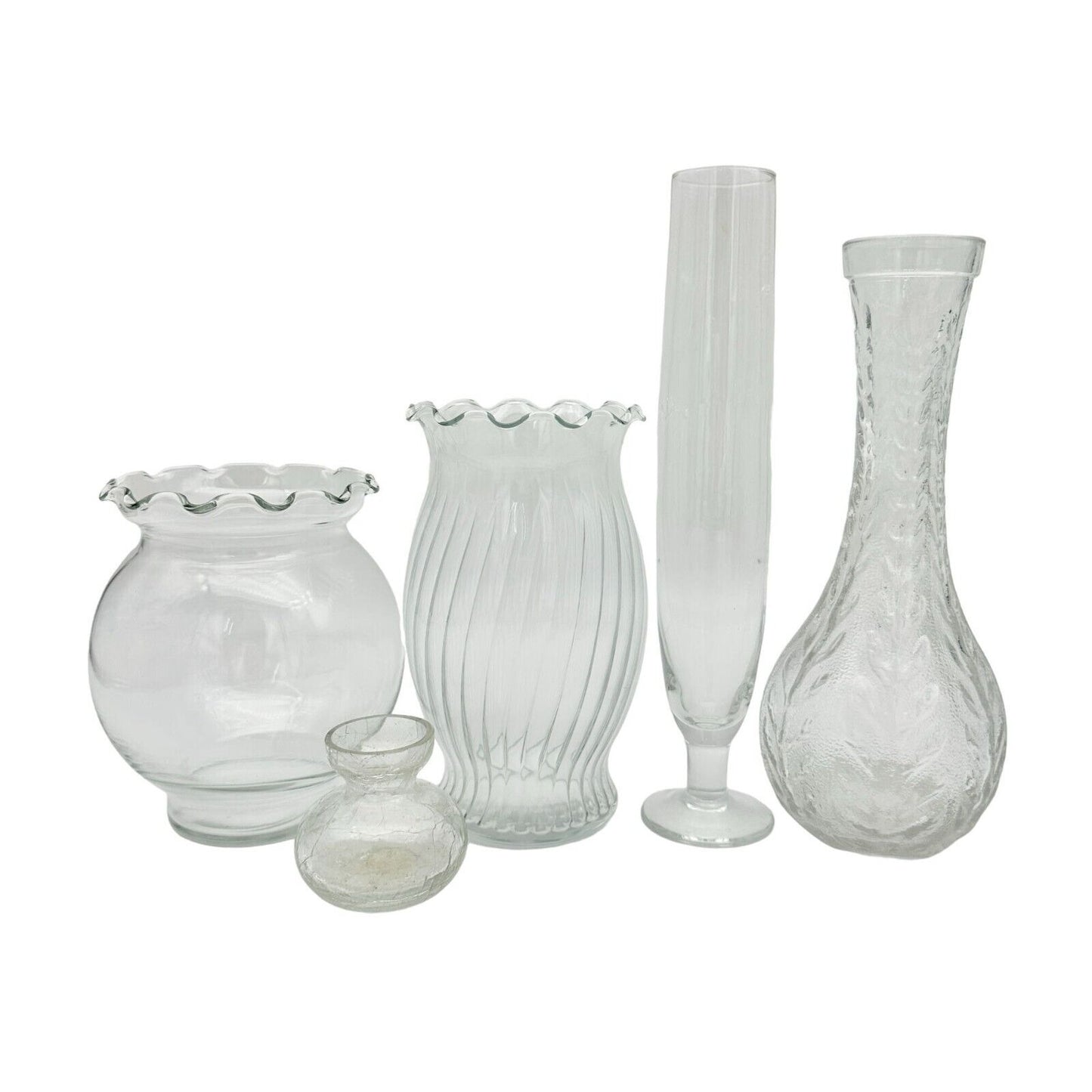 Set of 5 Vases Clear Glass Misc Shapes and Sizes