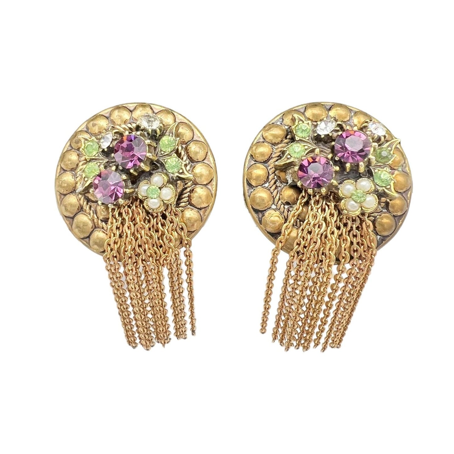 Vintage Goldtone Clip-on Fringed Earrings with Beaded Grapes