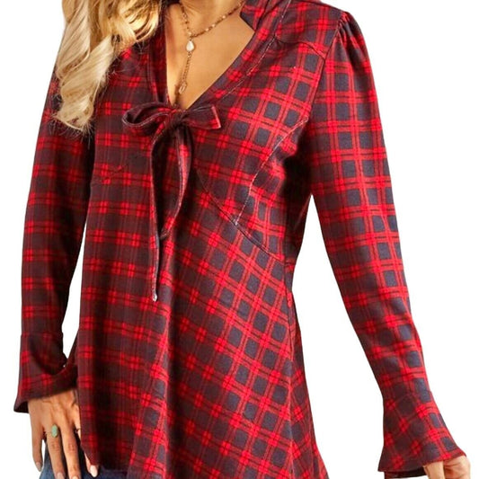 Suzanne Betro Tunic Top 3X Red Navy Plaid V-Neck Tie-Front NWT