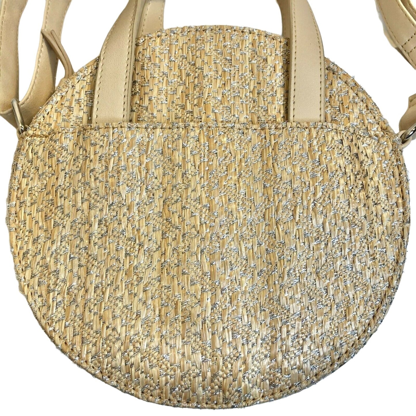 Tan & Shimmery Silver Textured 8" Round Crossbody Handbag Zip Closure EUC