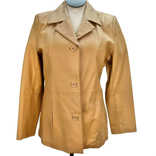 Dialogue Women's Medium Camel Leather Coat Polyester Lining Machine Wash