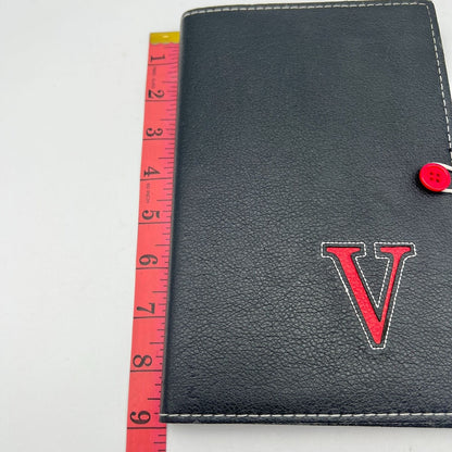 Journal 9x6 Black V Initial Button Closure Refillable Red Accents