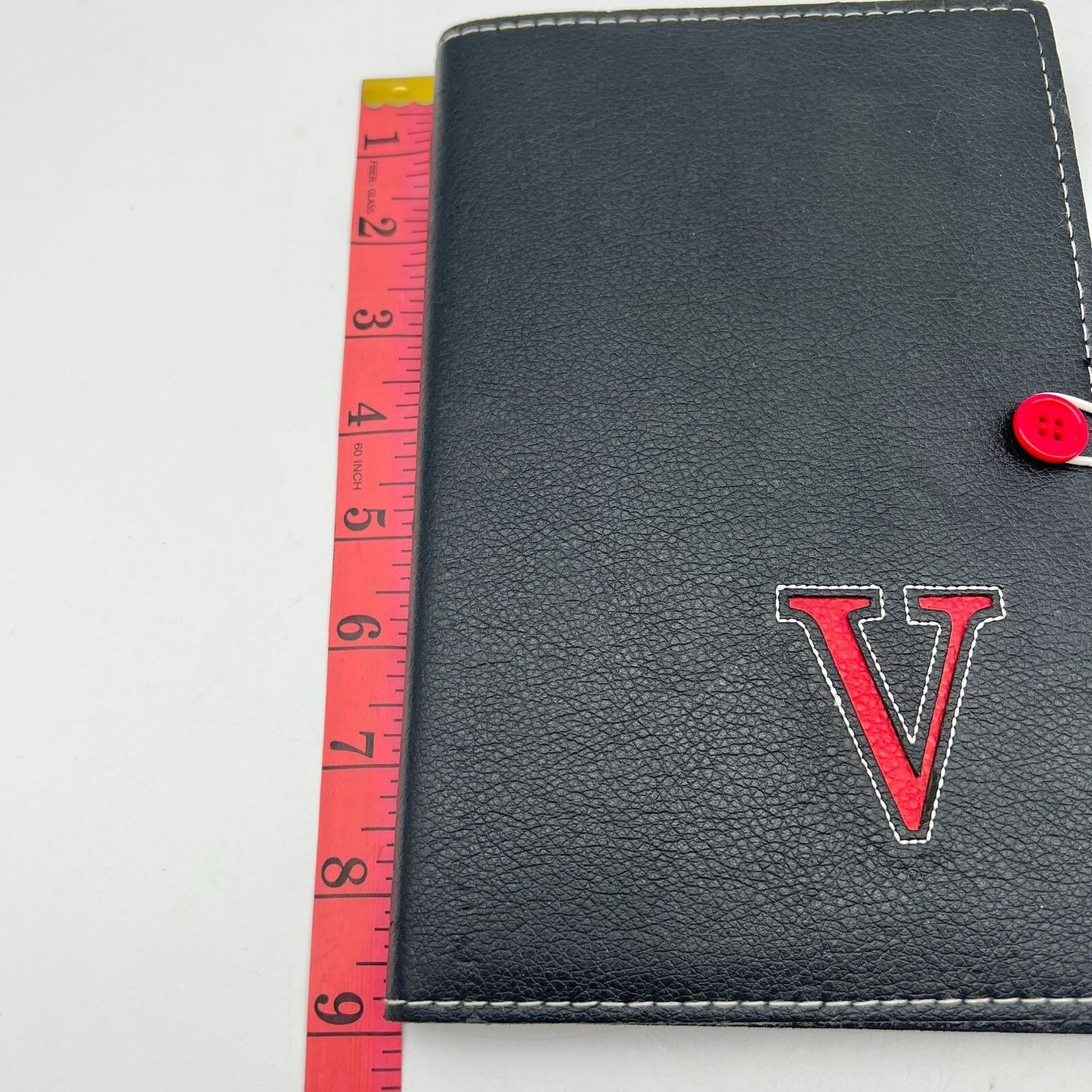 Journal 9x6 Black V Initial Button Closure Refillable Red Accents