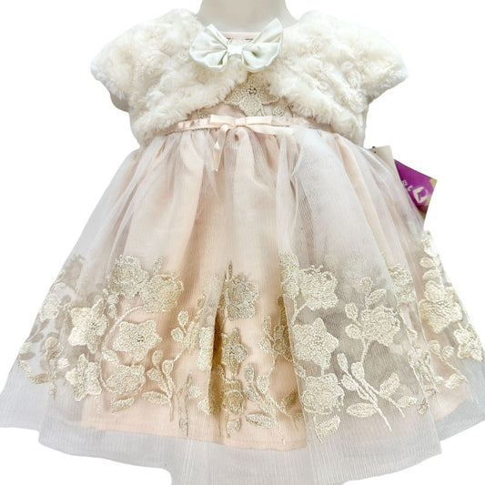 Blueberi Boulevard Child's 2-PC Dress Size 12M Blush Gold Embroider Flowers NWT