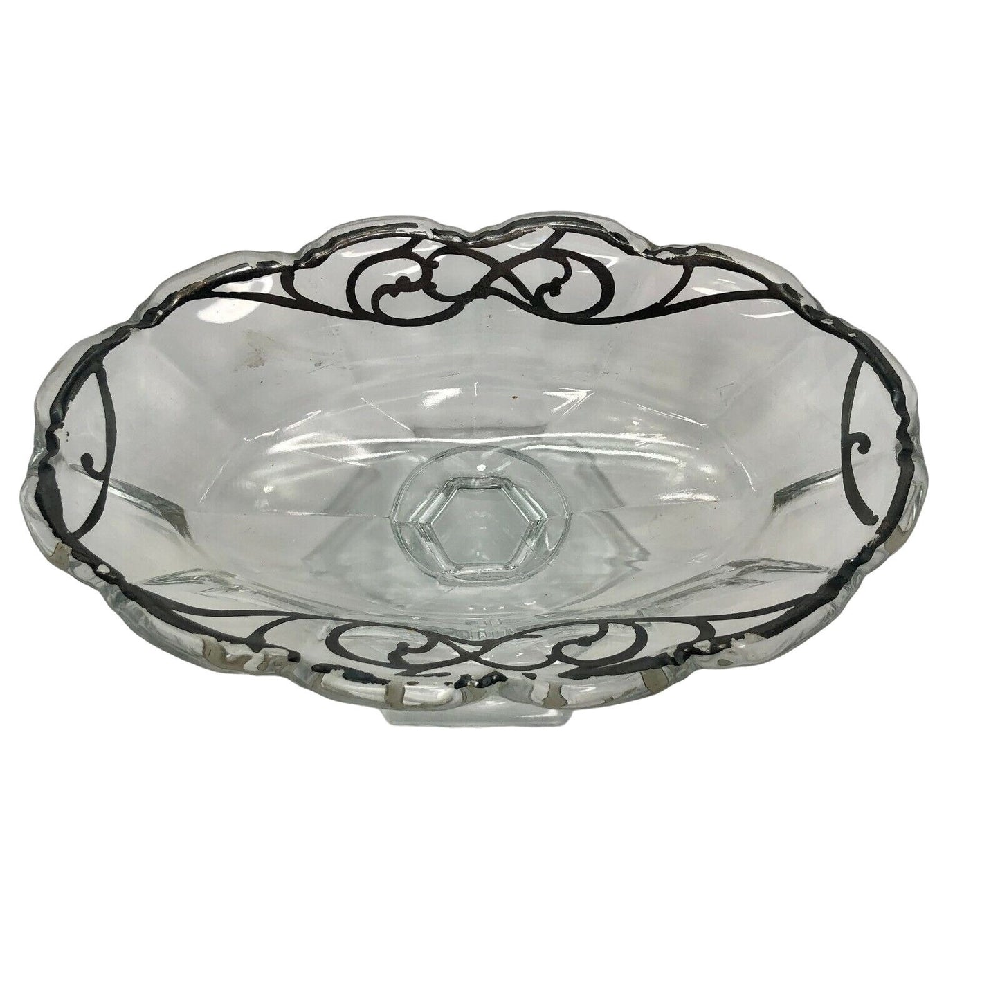 Glass with Silver Design Pedestal Candy Nut Bonbon Trinket Bowl EUC