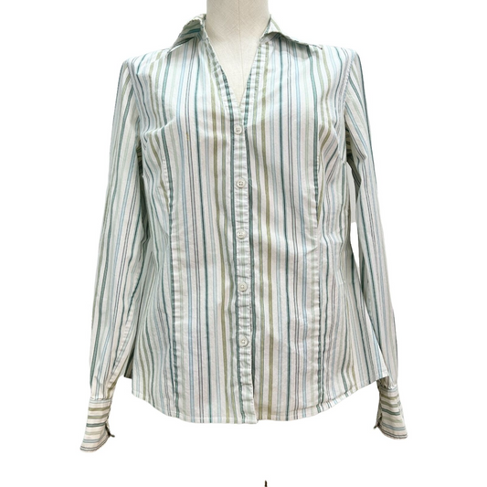 Ann Taylor Loft Top Womens 8 Blue Green White Pinstripe Long Sleeve