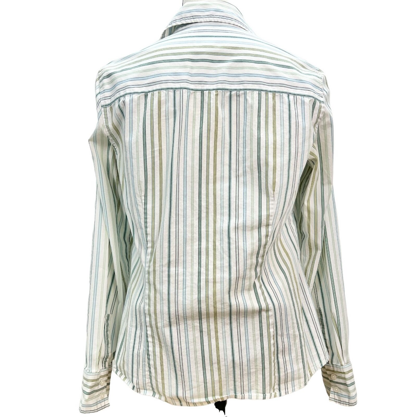 Ann Taylor Loft Top Womens 8 Blue Green White Pinstripe Long Sleeve