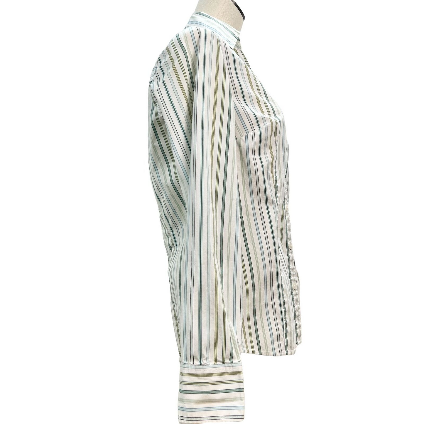 Ann Taylor Loft Top Womens 8 Blue Green White Pinstripe Long Sleeve