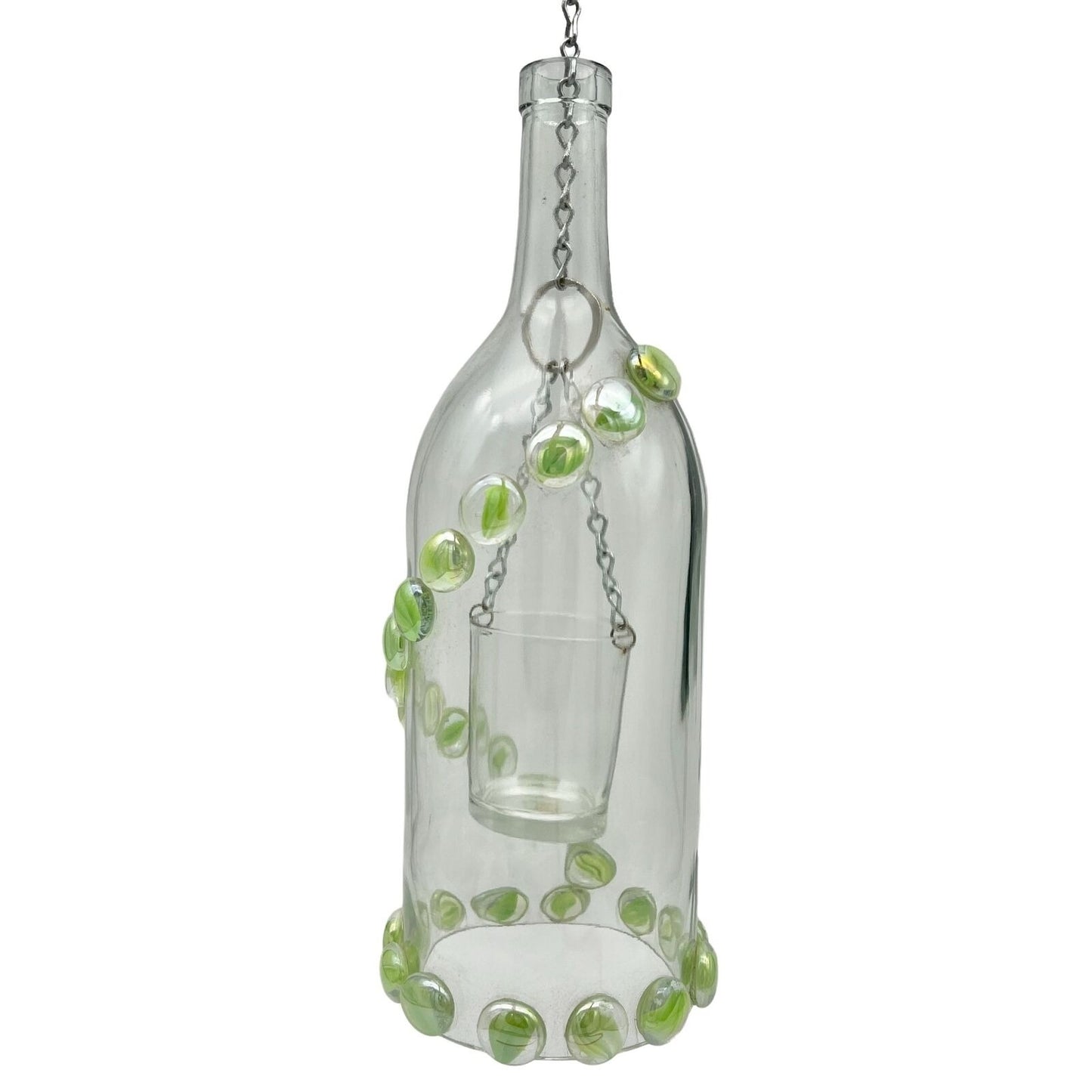 Hanging Decorative Wine Bottle Light with Votive Clear Glass Green Marble